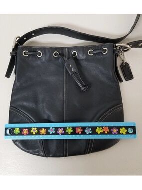 Coach Black Leather Drawstring Shoulder Bag with Silver Hardware